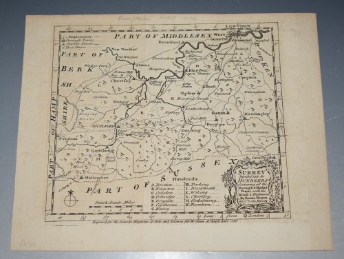 Original Antique Map of ”SURREY Divided into Hundreds” Containing the Borough and Market Towns &c. Roads & Distances.