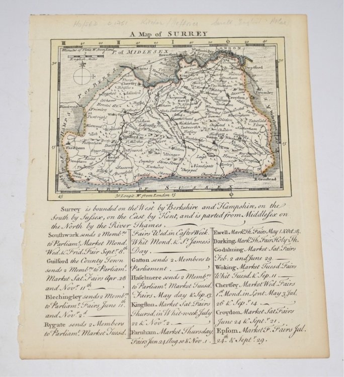 Original Engraved Antique Map of SURREY With text below.