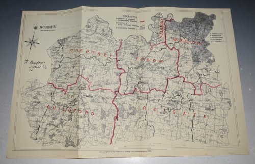 SURREY New Divisions of County. An antique zincographed map drawn up by R O Jones