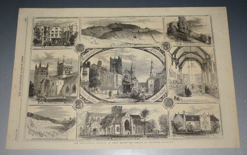 Original Engraved Woodcut View. Center view of Dorchester, Surrounded by Sherborne Castle, Wimborne Minster, Roman Ampitheatre Dorchester, Sherborne Abbey Church, Woolverton House, Museum, Corfe Castle. From London Illustrated News, August 1865
