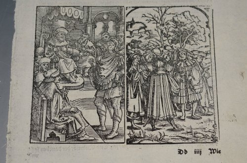 EARLY Leaf Woodcut Split Illustration of Roman Nobles and a King dressed in Renaissance costume. From Römische Historien, jetzundt mit gantzen fleiß besichtigt, gebessert vnd gemehret.