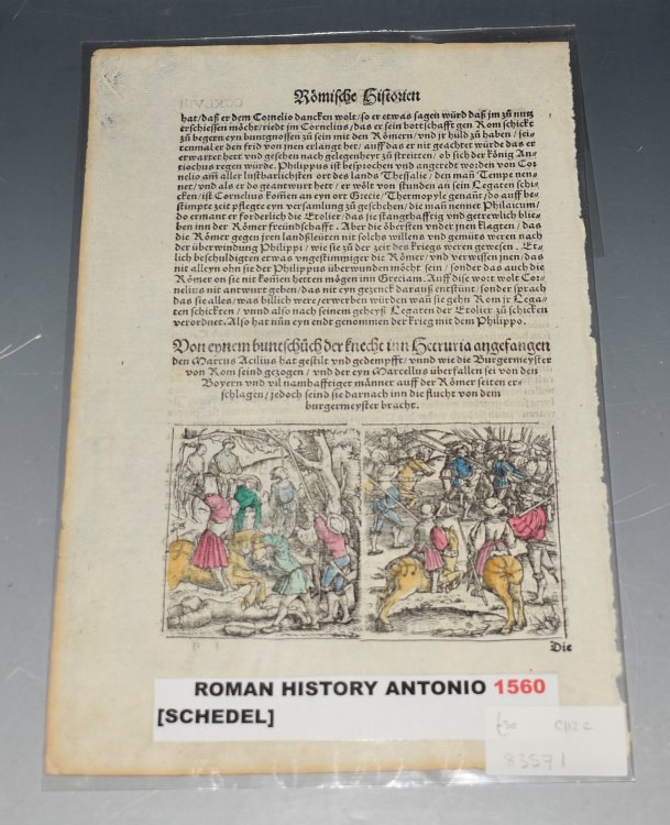EARLY Leaf Woodcut Split Illustration of Three Men being Hung & Battle Scene from Roman History From Römische Historien, jetzundt mit gantzen fleiß besichtigt, gebessert vnd gemehret.