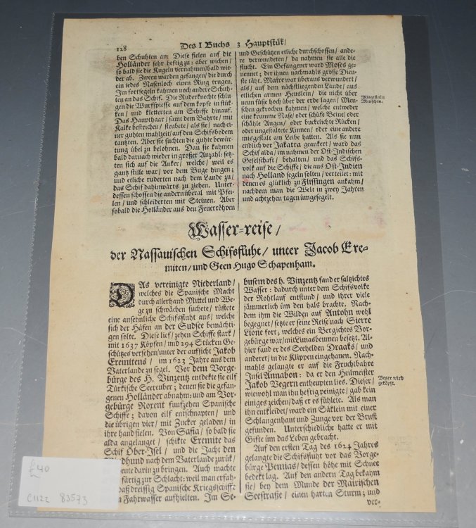 Early Printing Leaf, With Hand Coloured engraving of Cape Horn Dutch Explorers. From The Americas of 1673