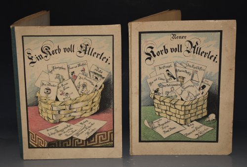 Ein Korb voll Allerlei. + Neuer Korb von Allerlei. (A basket full of all sorts. by Lothar Meggendorfer. With verses from Franz Bonn. Thirteenth edition. + New basket of all sorts. Eleventh edition.) Two Volumes.