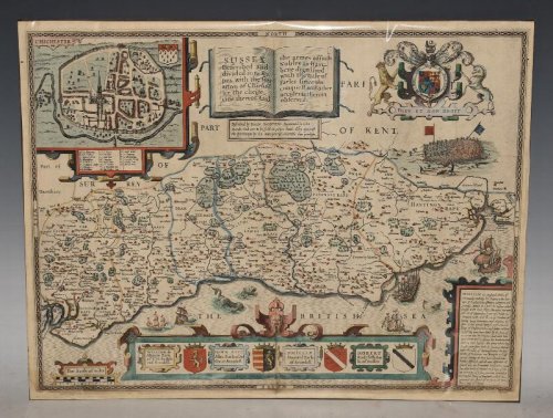 MAP Sussex Described and divided into Rapes with the siutuation of Chichester the cheife citie thereof. And the armes of such Nobles as have bene dignified with the title of Earles since the conquest and other accidents therein observed.