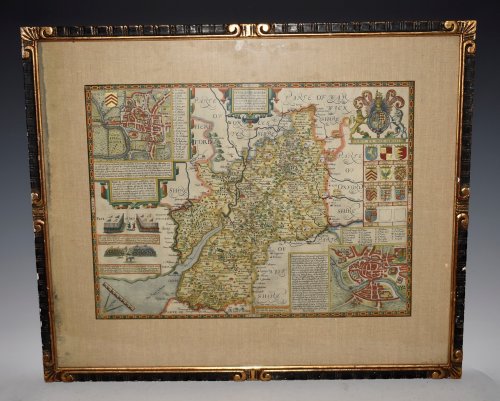 MAP Glocestershire contrived into thirty thre severall hundreds & those againe into foure principall devisions. The Citie of Glocester & Bristowe discribed with the armes of such noble men as have bene dignified with ye titles of Earles & Dukes thereof.