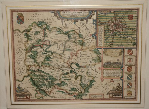 Herefordshire, Described with the true plot of the City Hereford. As Also the Armes of thos Nobles that have bene intitled with that Dignitye. Original Antique Engraved Hand Coloured Map of Herefordshire. With, Arms of Nobles and County Crest. Plan of County Town and illustration of the Battle betwe