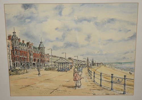 Original Watercolour Print of “Summertime in Weymouth”, Dorset The clock tower on the seafront in the distance.