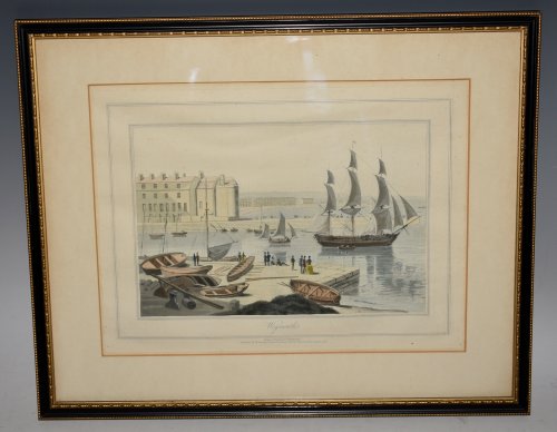 View of Weymouth up the Harbour. Fine aquatint with original hand colour