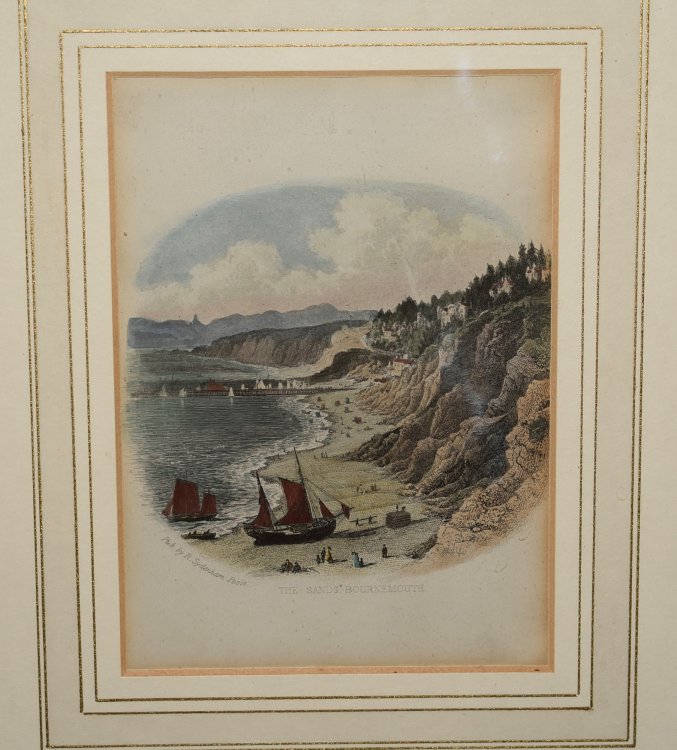 Antique Steel Vignette - The Sands, Bournemouth Steel Engraving with original hand colour