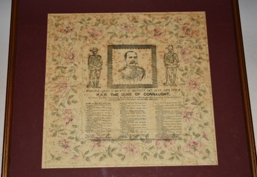 A Rare Antique Souvenir in Honor of the Visit to Guernsey Sat Sept 23rd 1905 of H.R.H The Duke Connaught Handkerchief. (Boer War) To unveil the War Memorial to the Memory of the Officers & Men belonging to Guernsey & Alderney who fell in the South African War 1899-1902