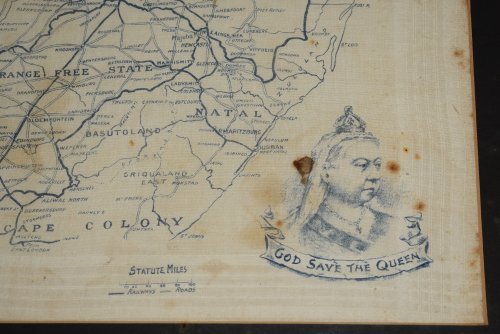 A Rare Antique THE ABSENT-MINDED BEGGAR . Map of the South African Republic (Boer War) the Orange Free State and Natal, printed in blue on large white handkerchief linen, with two portraits (of Lord Roberts and Queen Victoria), music by Arthur Sullivan and a patriotic poem by Rudyard Kipling.