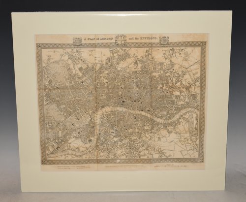 Original engraved attractive PLAN OF LONDON AND ITS ENVIRONS Plan of London with Arms of Westminster, London and Southwark set in top border. Extent: Hyde Park, Regents Park, Victoria Park, Peckham.