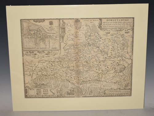 Dorsetshyre. Dorsetshire Original Engraved Antique Map of Dorset. With the Shyre town Dorchester described as also the Armes of such noble families as have bene honored with the Titles thereof since the Normans Conquest to this present Anno 1662 (sic).