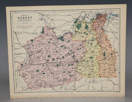 Map of Surrey showing the Roman Road and Places of General Interest.