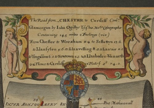 The Road from Chester to Cardiff. Original Engraved Antique Map. Containing 145 miles, 0 furlongs viz. From Chester to Wrexham 11:4, to Sellattyn 13:6, to Llansylen 5:6, to Llanvelling 8.2, to Lantair 11:0, to Tregunon 6:0, to Newtown 5:2, & to Llanbader-Vunneth 9:4, (Thence to Cardiff in Plate 