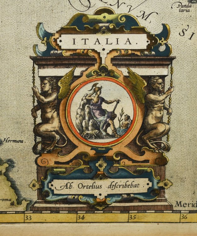 Original Antique Hand Coloured Engraved Map of Italy. Italiae Vete Ris Specimen. Ab. Ortelius describebat. Cum privilegio decennah 1584.