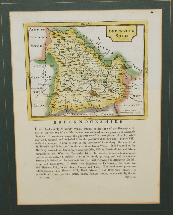 Map of Brecknockshire. Original Antique Engraved Hand Coloured Map. With Description of County. Double Sided.