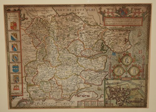 Original Hand Coloured Engraved Map of Essex. ESSEX DEVIDED INTO HUNDREDS, WITH THE MOST ANTIENT AND FAYRE TOWNE COLCHESTER DESCRIBED AND OTHER MEMORABLE MONUMENTS OBSERVED. ANNO 1610