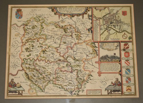 Herefordshire, Described with the true plot of the City Hereford. As Also the Armes of thos Nobles that have bene intitled with that Dignitye. Original Antique Engraved Hand Coloured Map of Herefordshire. With, Arms of Nobles and County Crest. Plan of County Town and illustration of the Battle betwe