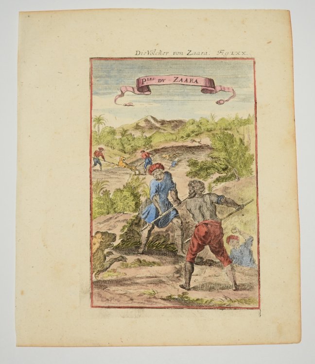 Original Hand Coloured Engraving “Die Volker Von Zaara.” View of people of Zaara (the Sahara), Hunting Lions In Africa. Fig. LXX. View of people of Zaara (the Sahara), Hunting Lions In Africa.