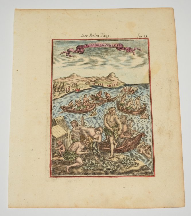 Original Hand Coloured Engraving “Die Perlen Fang.” View of Pearl-Divers. Fig. 88. “Pesche Des Perles.” From Mallet’s “The Natural World.”
