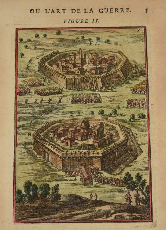 Original Hand Coloured Engraving “Ou L’Art De La Guerre.” Fig. II. P.5. A Siege. From Mallet’s “The Art of War.”