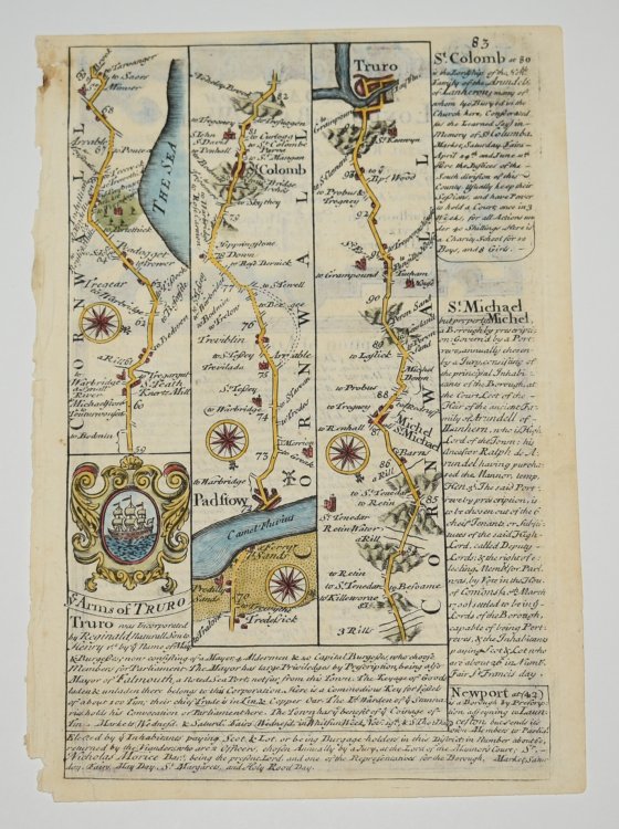 Attractive miniature hand coloured engraved county map: The Road From Bodmin To Truro. From: BRITANNIA DEPICTA. or “Ogilby Improv'd.” With a Description of London (continued) on Rear.