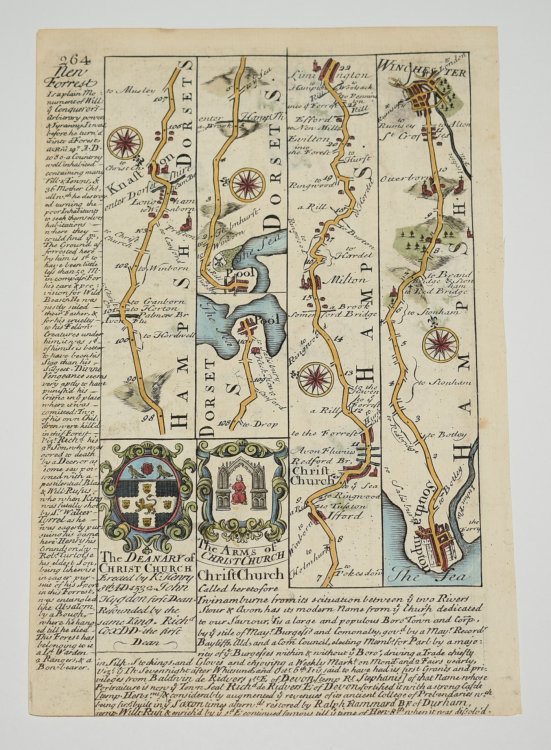 Attractive miniature hand coloured engraved county map: The Road From Winchester to Southampton. From: BRITANNIA DEPICTA. or “Ogilby Improv'd.” With The Road From Winchester to Ringwood on Rear.
