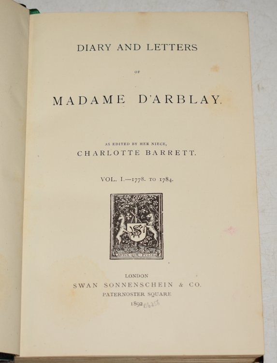 Diary and Letters of Madame D’Arblay. As edited by her niece, Charlotte Barrett. In Four Volumes. (1778-1840)