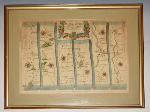 Original Hand-Coloured Engraved Map of The Roads from BRISTOL to WORCESTER. The Road from BRISTOLL to WORCESTER.from Bristoll to Acton to Dursley to Whitmister to Glocester to Tewksbury to Severnstoake to Worcester'