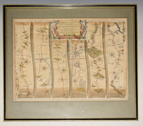 Original Hand-Coloured Engraved Map of The Continuation of the Road from London to Bristol. Commencing at Marlborough co: Wilts and Extending to the High Cross in Bristol. Continued to Huntspil.