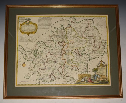 A NEW IMPROVED MAP OF HARTFORDSHIRE FROM THE BEST SURVEYS. . Large map of Hertfordshire with pictorial cartouche and dedication cartouche.