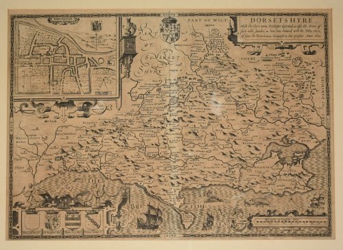 AN ORIGINAL ENGRAVED MAP OF DORSET. Dorsetshire Dorsetshyre with the Shyre-towne Dorchester described, as also the Armes of such noble families as have bene honored with the Titles there of since the Normans conquest to this present. Anno 1610.