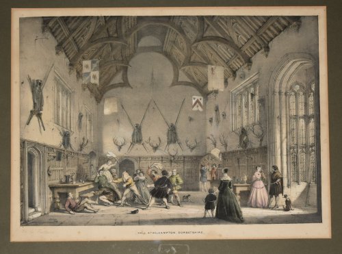 Original Large Engraving Illustration of The Hall (Interior), Athelhampton, Dorsetshire.