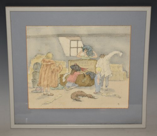 ORIGINAL WATERCOLOUR “The Attic” SIGNED Children SCENE in the Attic Dressing up