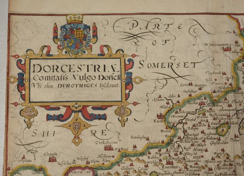 Original Hand-Coloured Engraved Map of Dorset. “Dorcestriae. Comitatis Vulgo Dorsett. Vbi olim Durotriges Insederunt.”