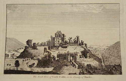 Attractive original engraving of Corfe Castle, from the South West, DORSETSHIRE.