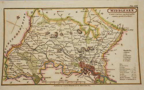 ORIGINAL ENGRAVED MAP OF Middlesex. Detailed map in which is laid down every Parish & Place containing upwards of 40 houses; table of information on the county.
