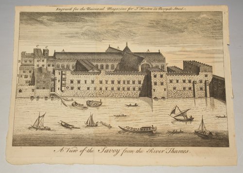 ANTIQUE COPPER ENGRAVING - VIEW OF SAVOY FROM RIVER THAMES LONDON - Engraved for the Universal Magazine for J. Hinton in Newgate Street