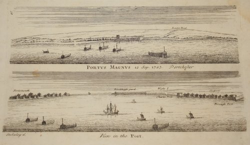 ANTIQUE COPPER ENGRAVING Portus Magnus 12 Sep. 1723. Portchester. & Vien in the Port.