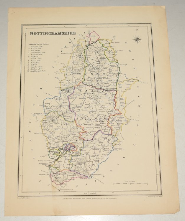 ORIGINAL ENGRAVED MAP OF Nottinghamshire. Engraved for LEWIS's “Topographical Dictionary” and drawn by R. Creighton. From: “AN ATLAS comprising Maps of the Several Counties, divided into Unions….”.