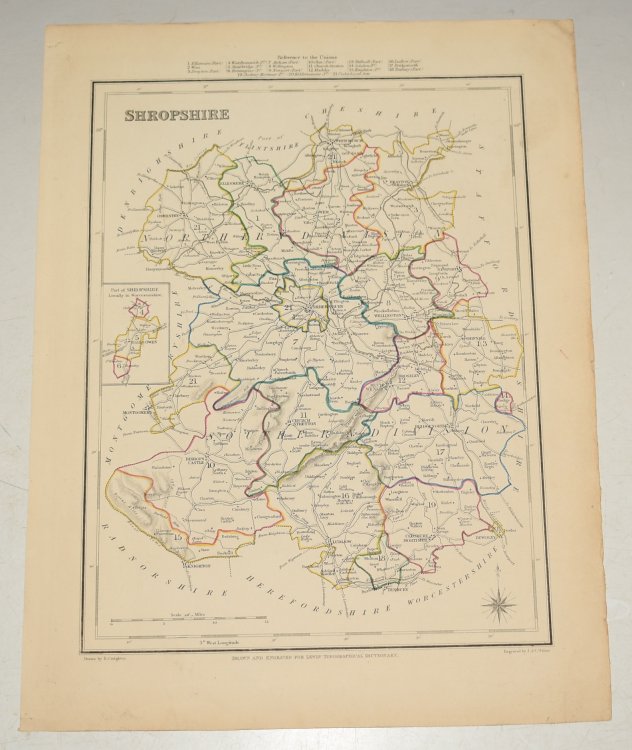 ORIGINAL ENGRAVED MAP OF Shropshire. Engraved for LEWIS's “Topographical Dictionary” and drawn by R. Creighton. From: “AN ATLAS comprising Maps of the Several Counties, divided into Unions….”.