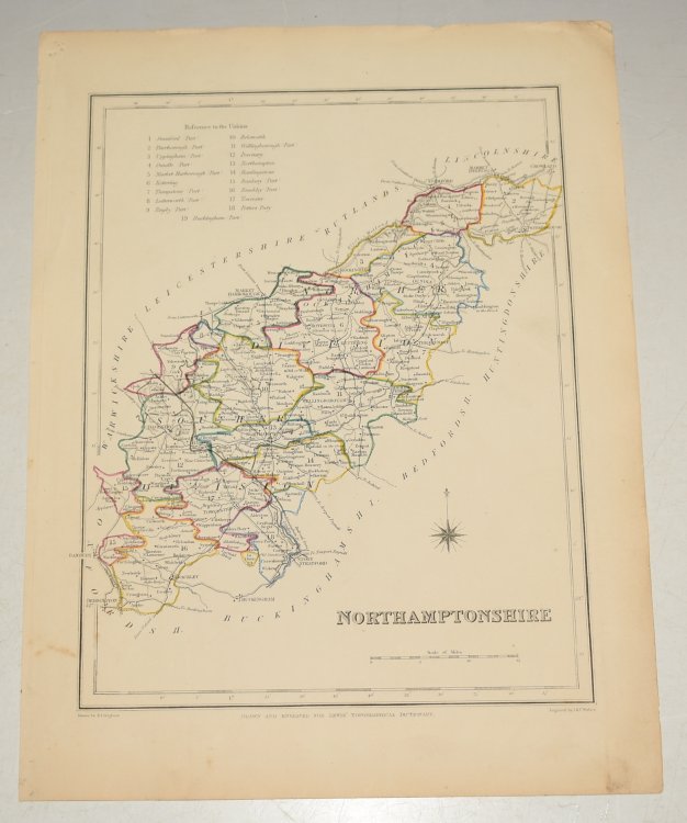 ORIGINAL ENGRAVED MAP OF Northamptonshire. Engraved for LEWIS's “Topographical Dictionary” and drawn by R. Creighton. From: “AN ATLAS comprising Maps of the Several Counties, divided into Unions….”.