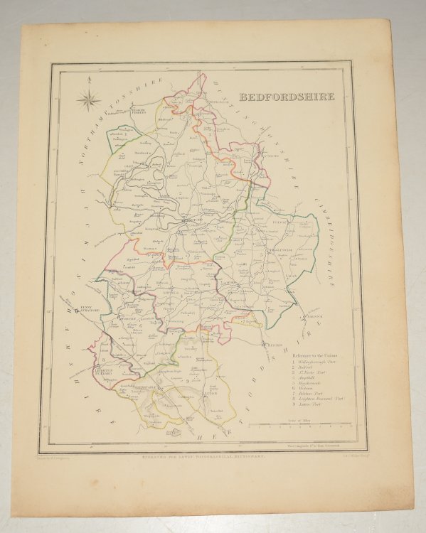 ORIGINAL ENGRAVED MAP OF BEDFORDSHIRE. Engraved for LEWIS's “Topographical Dictionary” and drawn by R. Creighton. From: “AN ATLAS comprising Maps of the Several Counties, divided into Unions….”.