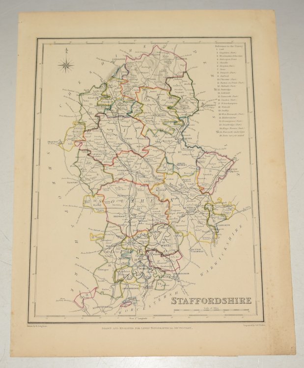 ORIGINAL ENGRAVED MAP OF STAFFORDSHIRE. Engraved for LEWIS's “Topographical Dictionary” and drawn by R. Creighton. From: “AN ATLAS comprising Maps of the Several Counties, divided into Unions….”.