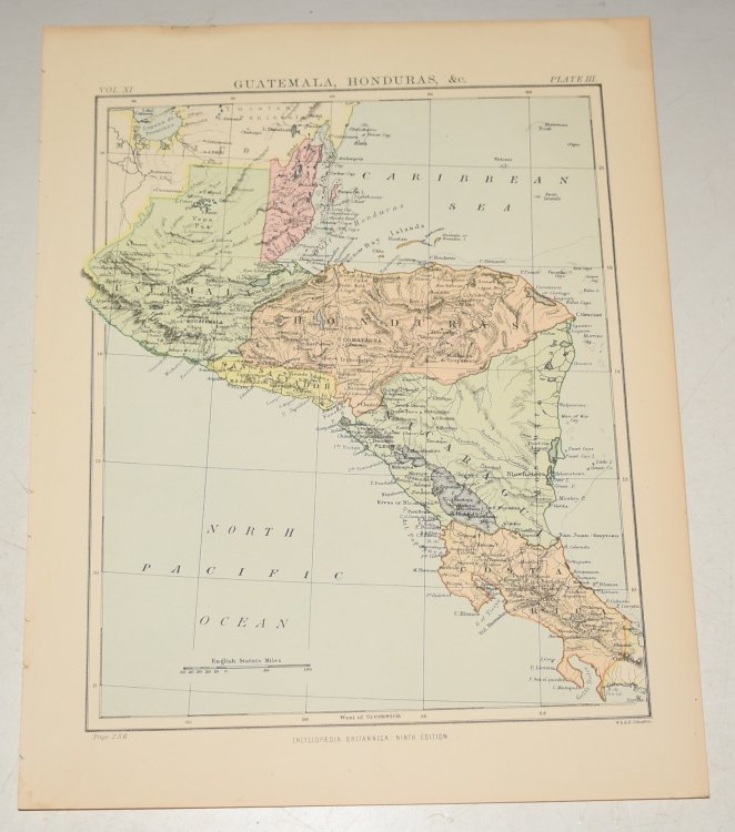 ORIGINAL ENGRAVED MAP OF GUATEMALA, HONDURAS. Original antique Coloured map of GUATEMALA, HONDURAS from the Encyclopaedia Britannica - 9th Edition, Volume XI Plate III