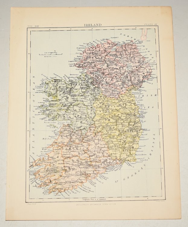 ORIGINAL ENGRAVED MAP OF IRELAND. Original antique Coloured map of IRELAND from the Encyclopaedia Britannica - 9th Edition, Volume XIII Plate III