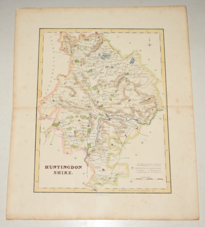 Map of Huntingdonshire showing towns, villages, roads and railways.