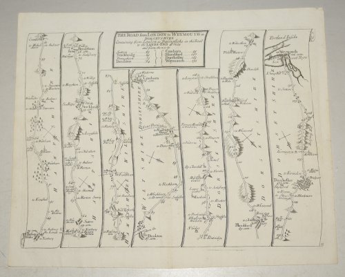 Original Engraved Antique Map. The Road from London to Weymouth in Dorsetshire. Containing from London to Basingstoke in the Road to the Lands-end